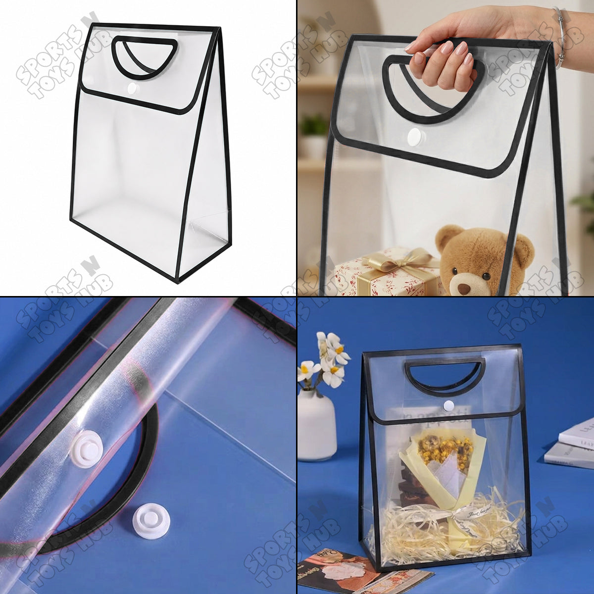 28 × 18.5 × 9 CM / 01 Transparent PVC Gift Bag with Die-Cut Handle & Flip Cover – Packaging Bag for Gifts, Party Favors, Boutique Products, Retail Packaging, Wedding Events, Gift Wrapping & Special Occasions
