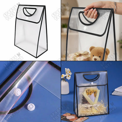 28 × 18.5 × 9 CM / 01 Transparent PVC Gift Bag with Die-Cut Handle & Flip Cover – Packaging Bag for Gifts, Party Favors, Boutique Products, Retail Packaging, Wedding Events, Gift Wrapping & Special Occasions