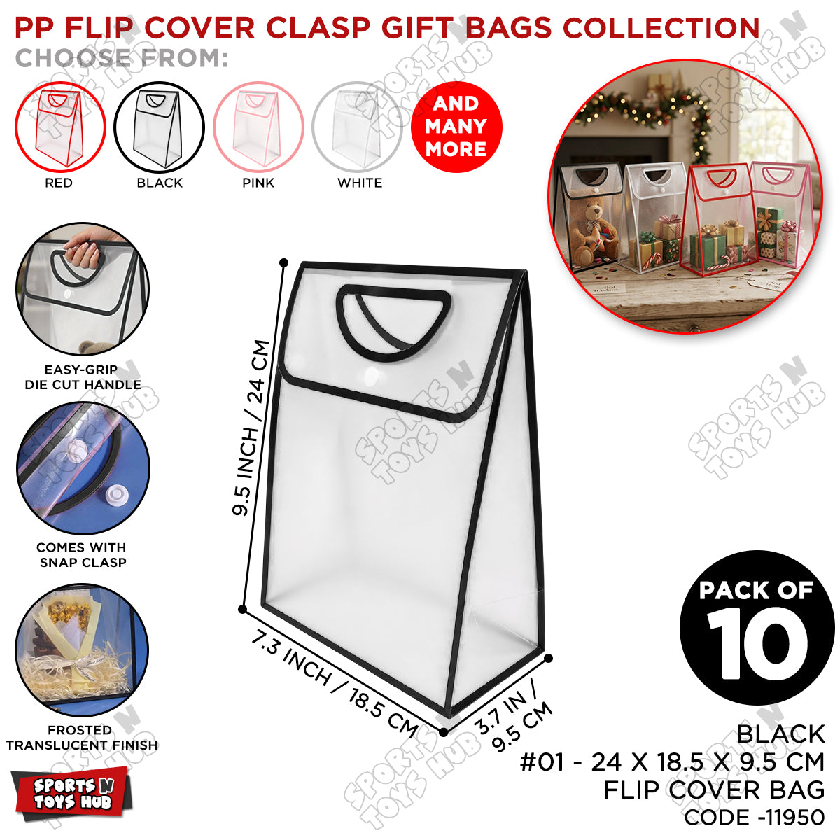 28 × 18.5 × 9 CM / 01 Transparent PVC Gift Bag with Die-Cut Handle & Flip Cover – Packaging Bag for Gifts, Party Favors, Boutique Products, Retail Packaging, Wedding Events, Gift Wrapping & Special Occasions