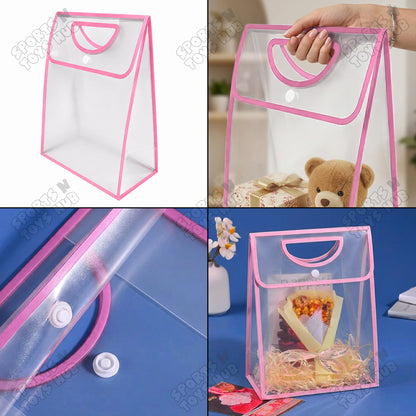 28 × 18.5 × 9 CM / 01 Transparent PVC Gift Bag with Die-Cut Handle & Flip Cover – Packaging Bag for Gifts, Party Favors, Boutique Products, Retail Packaging, Wedding Events, Gift Wrapping & Special Occasions