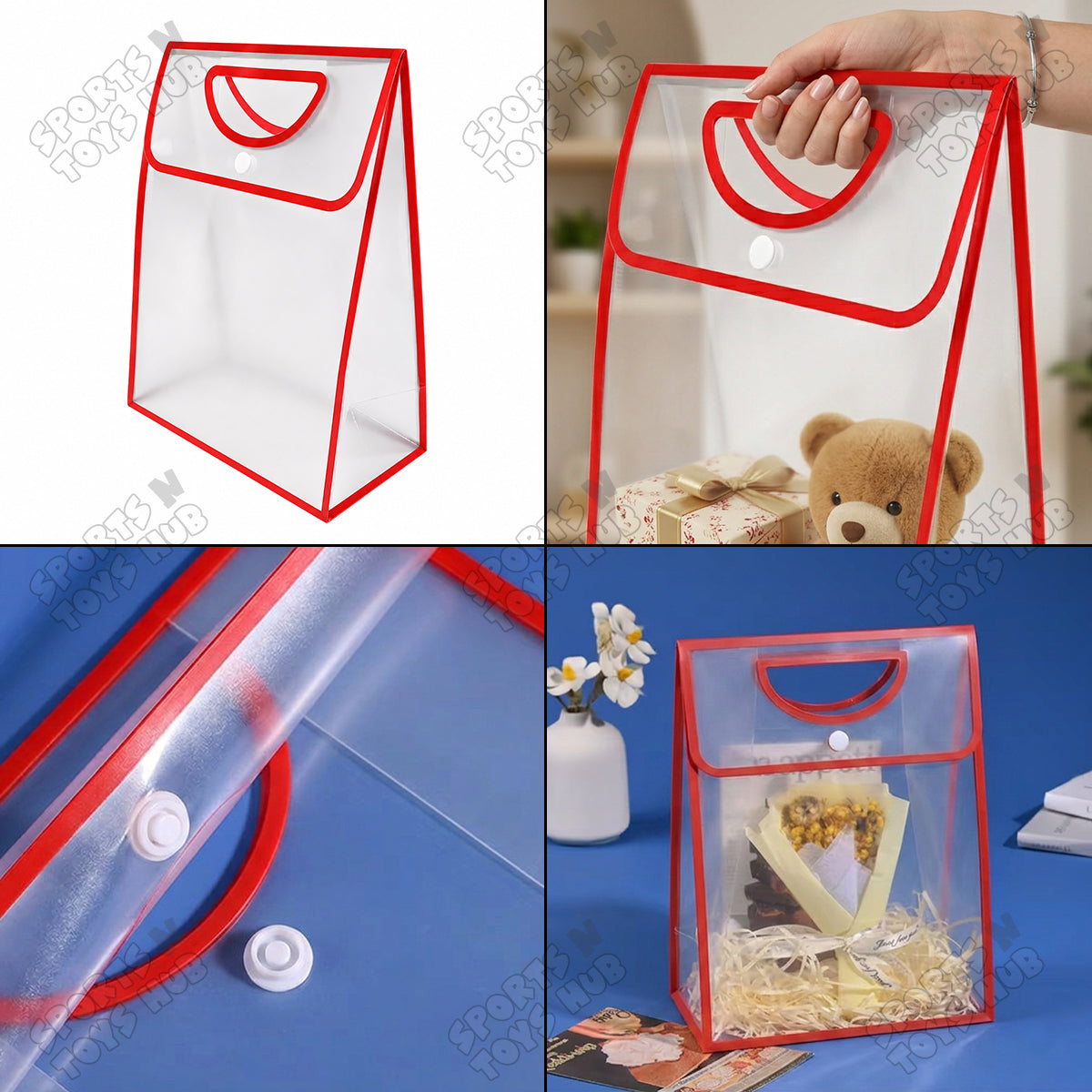 28 × 18.5 × 9 CM / 01 Transparent PVC Gift Bag with Die-Cut Handle & Flip Cover – Packaging Bag for Gifts, Party Favors, Boutique Products, Retail Packaging, Wedding Events, Gift Wrapping & Special Occasions