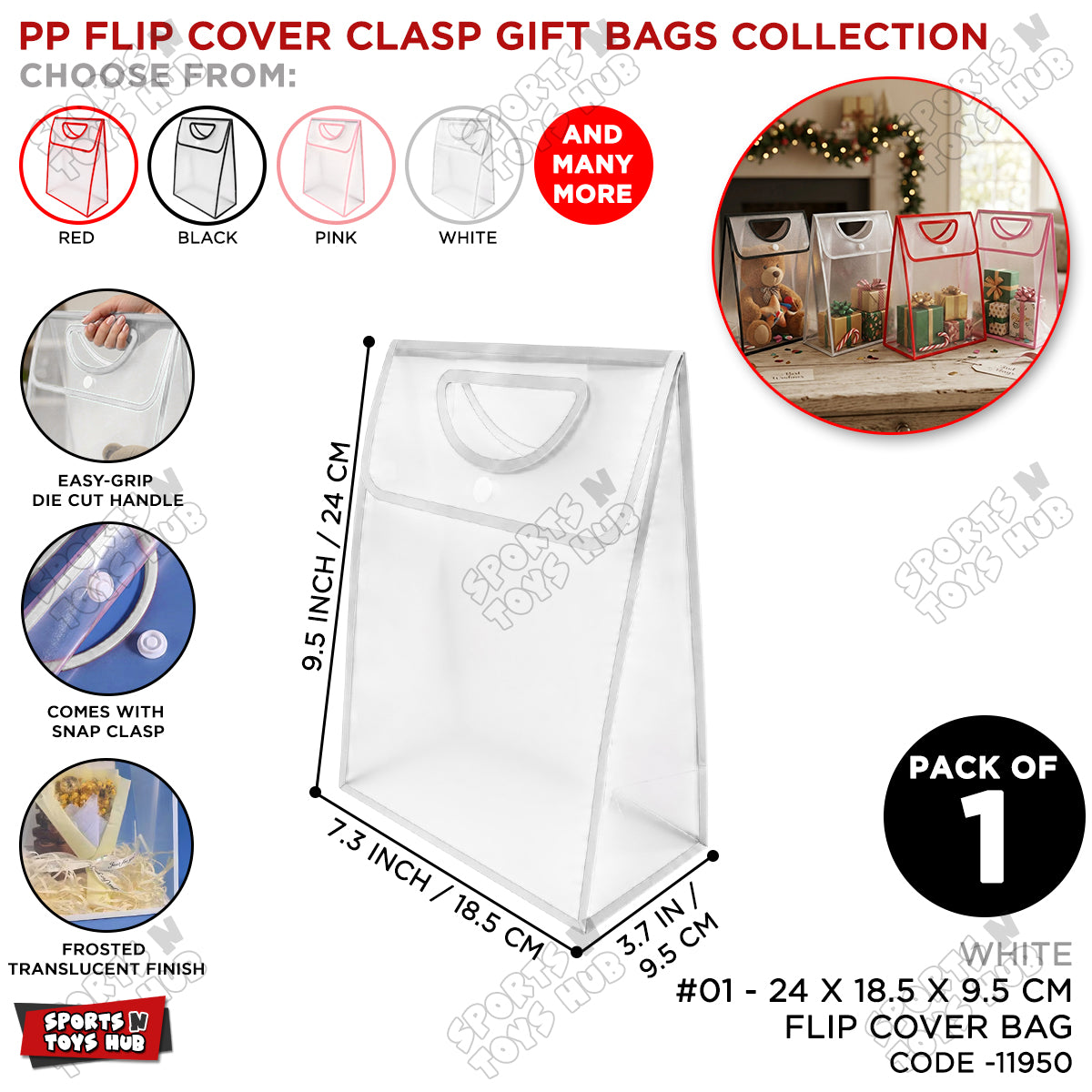 28 × 18.5 × 9 CM / 01 Transparent PVC Gift Bag with Die-Cut Handle & Flip Cover – Packaging Bag for Gifts, Party Favors, Boutique Products, Retail Packaging, Wedding Events, Gift Wrapping & Special Occasions