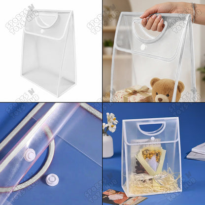 28 × 18.5 × 9 CM / 01 Transparent PVC Gift Bag with Die-Cut Handle & Flip Cover – Packaging Bag for Gifts, Party Favors, Boutique Products, Retail Packaging, Wedding Events, Gift Wrapping & Special Occasions