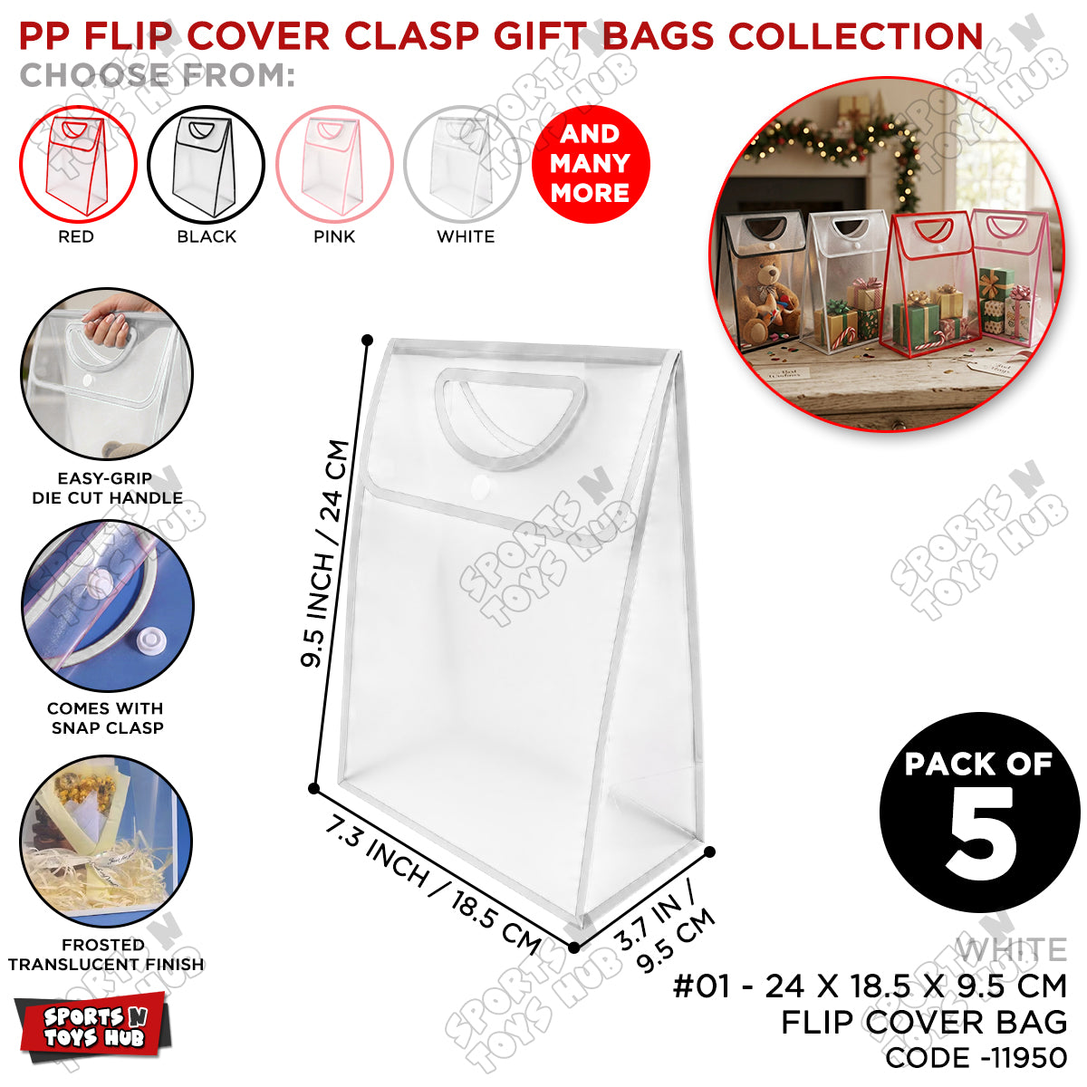 28 × 18.5 × 9 CM / 01 Transparent PVC Gift Bag with Die-Cut Handle & Flip Cover – Packaging Bag for Gifts, Party Favors, Boutique Products, Retail Packaging, Wedding Events, Gift Wrapping & Special Occasions
