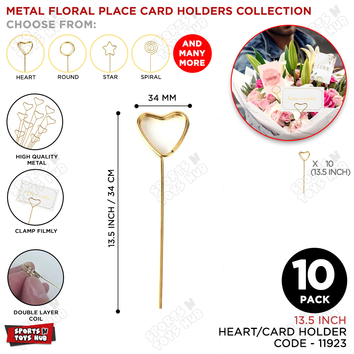 Metal Floral Heart Shape Place Card Holders - Pack Of 10