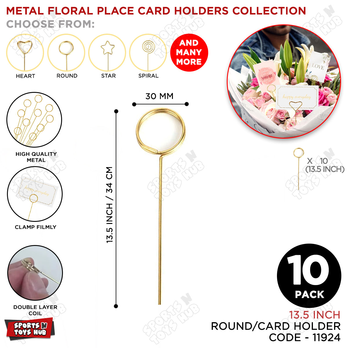 Metal Floral Round Shape Place Card Holders - Pack Of 10