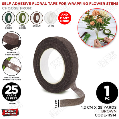 Brown Floral Tape 1.2cm x 25 Yards – Premium Self-Adhesive Florist Stem Wrap Tape for Fresh & Artificial Flowers, Bouquet Wrapping, Floral Arrangements, Wedding Bouquets, Corsages, Boutonnieres & DIY Floral Crafts
