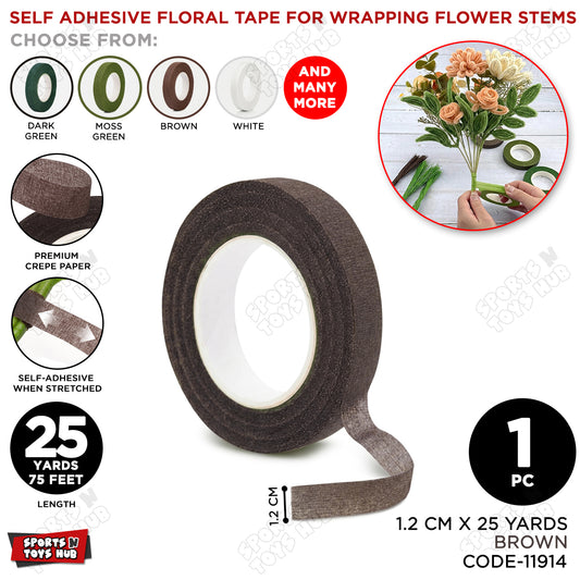 Brown Floral Tape 1.2cm x 25 Yards – Premium Self-Adhesive Florist Stem Wrap Tape for Fresh & Artificial Flowers, Bouquet Wrapping, Floral Arrangements, Wedding Bouquets, Corsages, Boutonnieres & DIY Floral Crafts