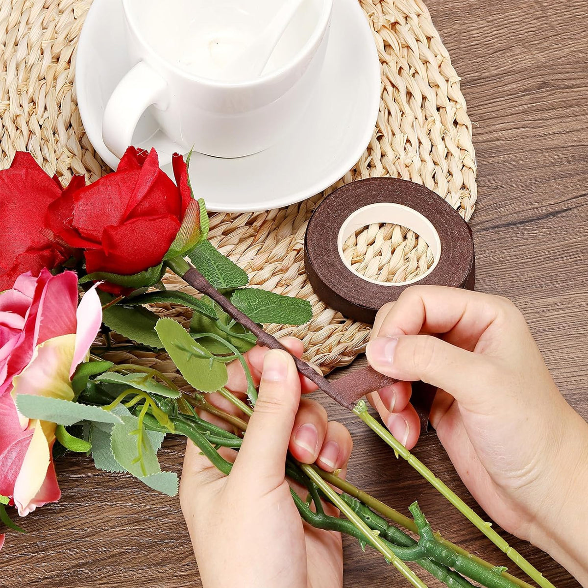 Brown Floral Tape 1.2cm x 25 Yards – Premium Self-Adhesive Florist Stem Wrap Tape for Fresh & Artificial Flowers, Bouquet Wrapping, Floral Arrangements, Wedding Bouquets, Corsages, Boutonnieres & DIY Floral Crafts