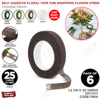 Brown Floral Tape 1.2cm x 25 Yards – Premium Self-Adhesive Florist Stem Wrap Tape for Fresh & Artificial Flowers, Bouquet Wrapping, Floral Arrangements, Wedding Bouquets, Corsages, Boutonnieres & DIY Floral Crafts