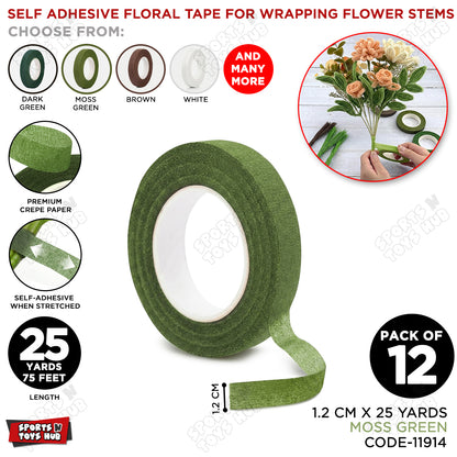 Moss Green Floral Tape 1.2cm x 25 Yards – Premium Florist Stem Wrap Tape for Fresh Flowers, Bouquet Wrapping, Wedding Bouquets, Artificial Flowers & DIY Floral Crafts