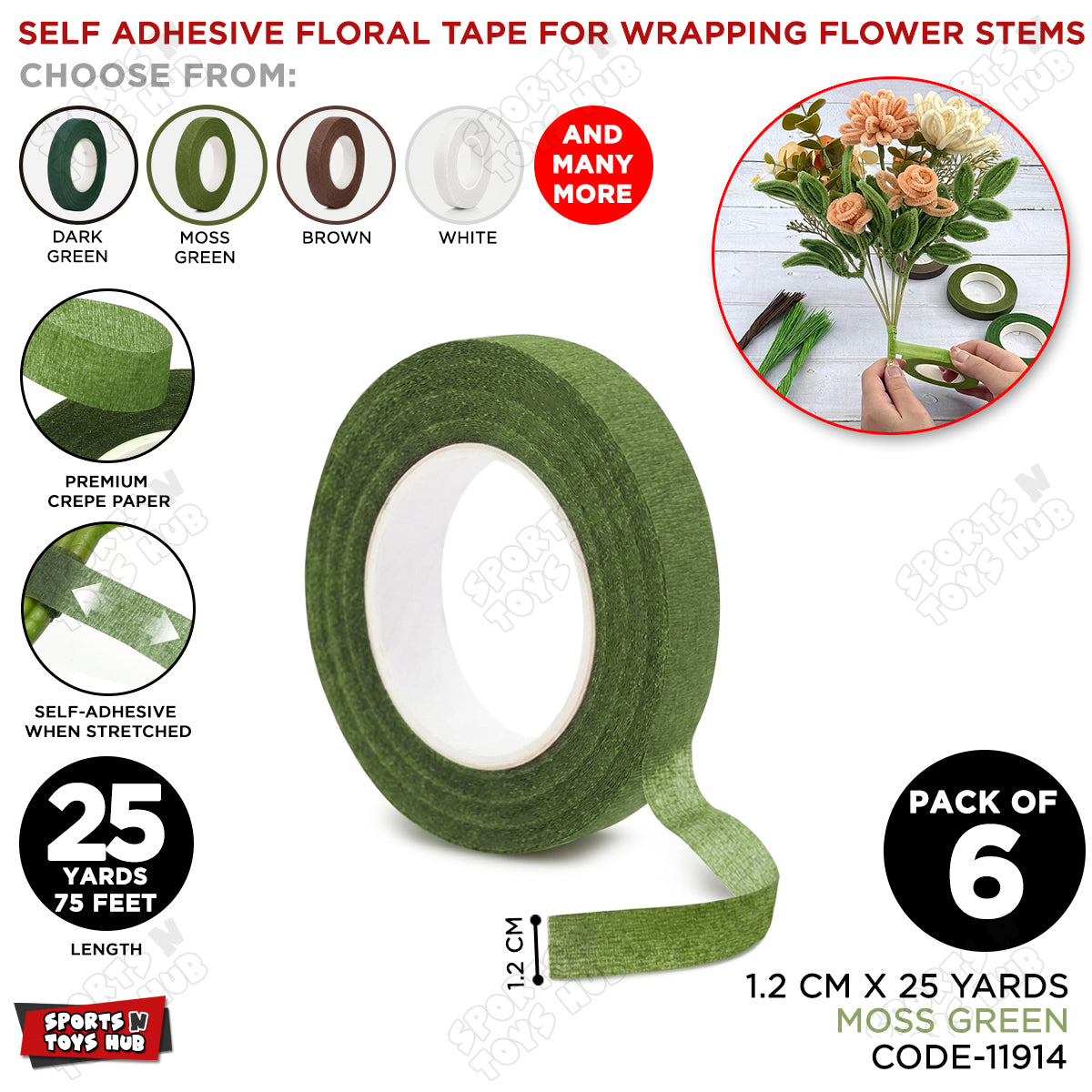 Moss Green Floral Tape 1.2cm x 25 Yards – Premium Florist Stem Wrap Tape for Fresh Flowers, Bouquet Wrapping, Wedding Bouquets, Artificial Flowers & DIY Floral Crafts