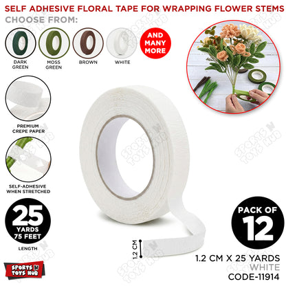 White Floral Tape 1.2cm x 25 Yards – Premium Florist Stem Wrap Tape for Fresh Flowers, Bouquet Wrapping, Wedding Bouquets, Artificial Flowers & DIY Floral Crafts