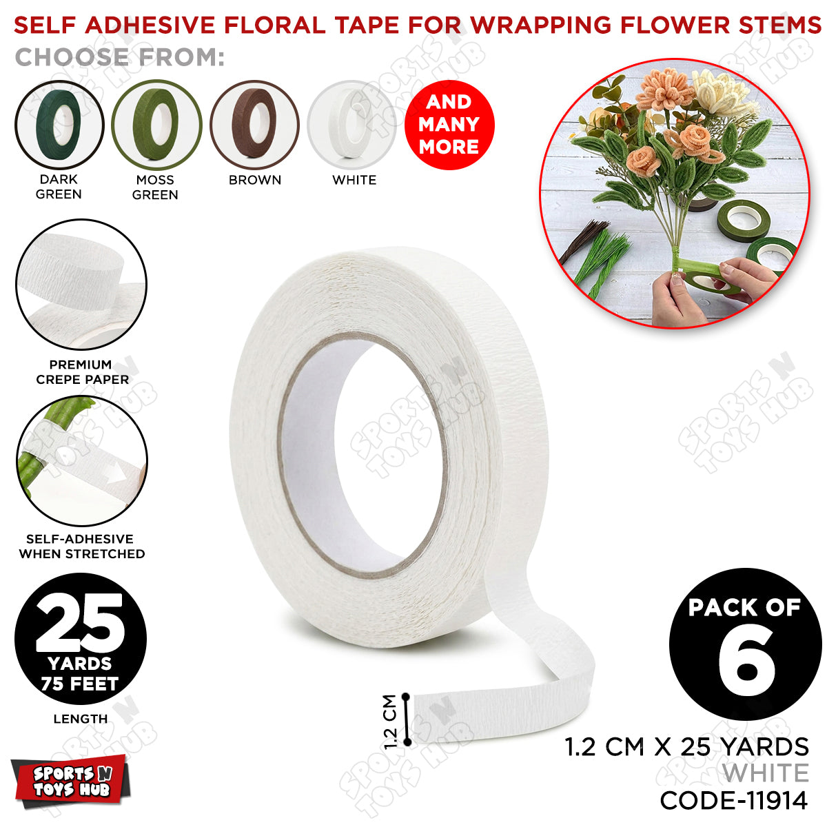 White Floral Tape 1.2cm x 25 Yards – Premium Florist Stem Wrap Tape for Fresh Flowers, Bouquet Wrapping, Wedding Bouquets, Artificial Flowers & DIY Floral Crafts