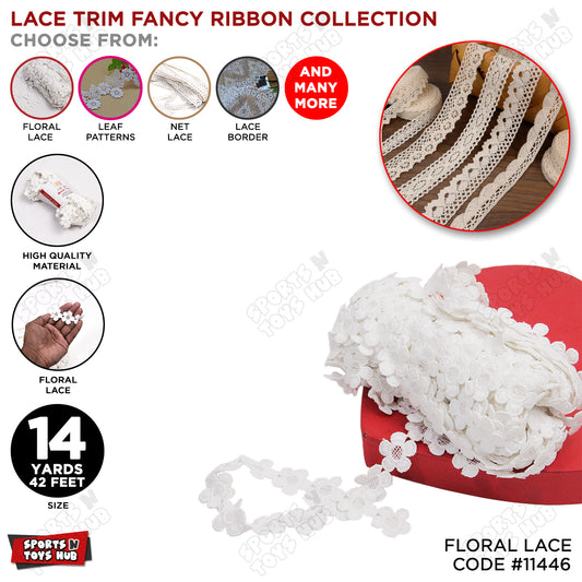 White Floral Lace Trim Fancy Ribbon - 14 Yard