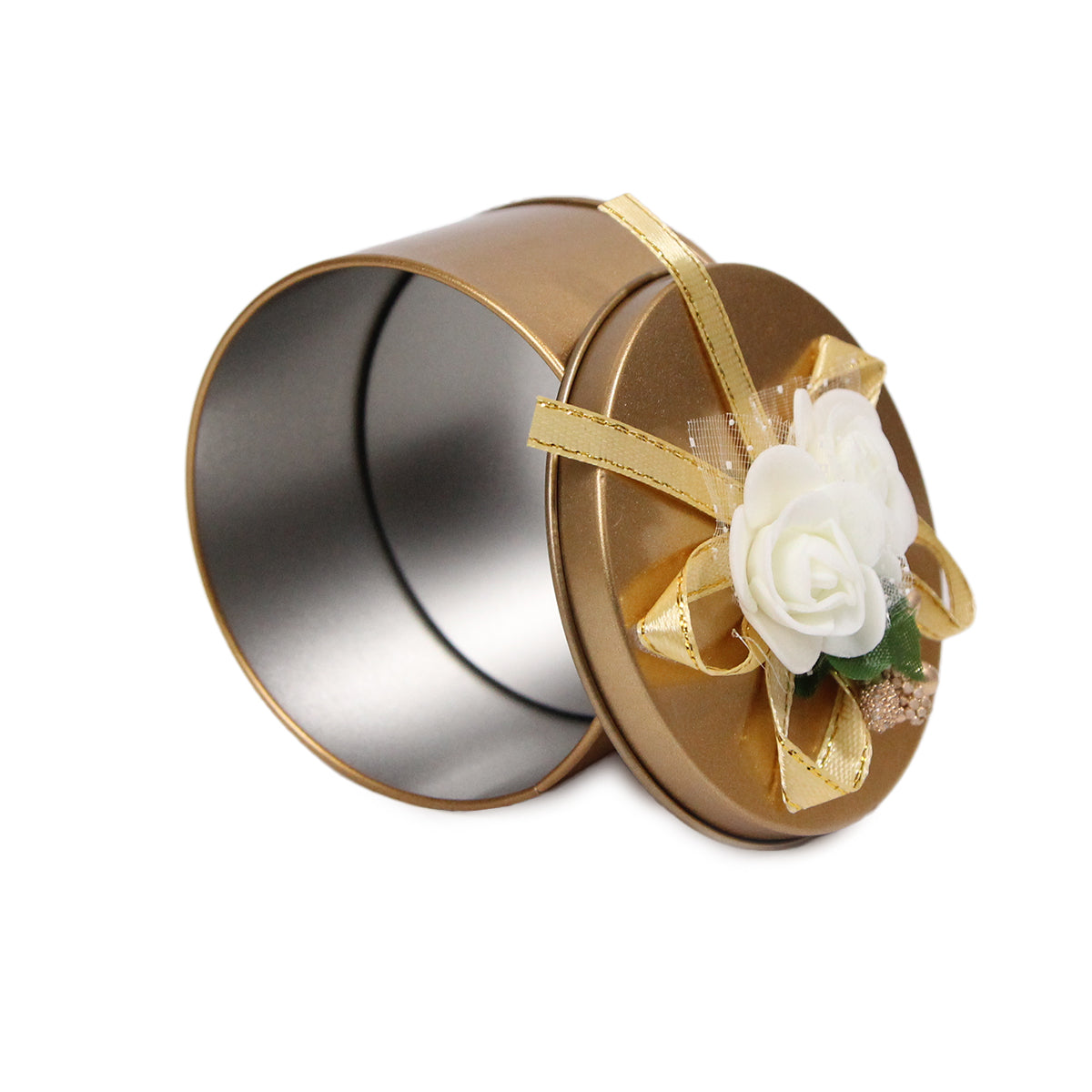 Round Shape Tin Box Wedding Bid Gift Box With Flower Ribbon Collection - Pack 12