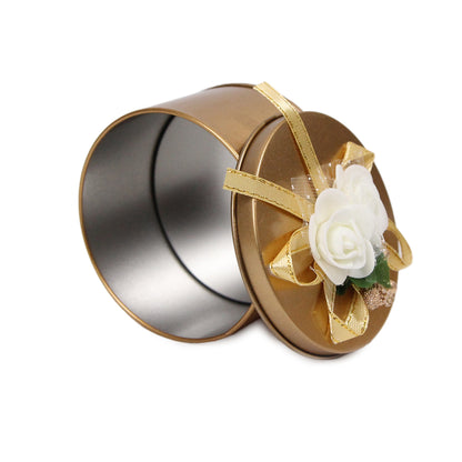 Round Shape Tin Box Wedding Bid Gift Box With Flower Ribbon Collection - Pack 12