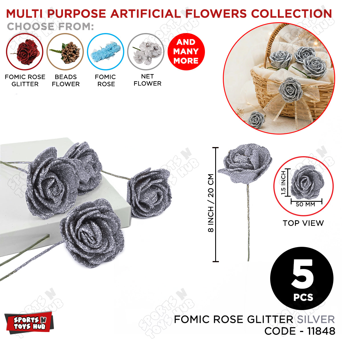 Multi Purpose Artificial 50MM Fomic Rose Flower Glitter