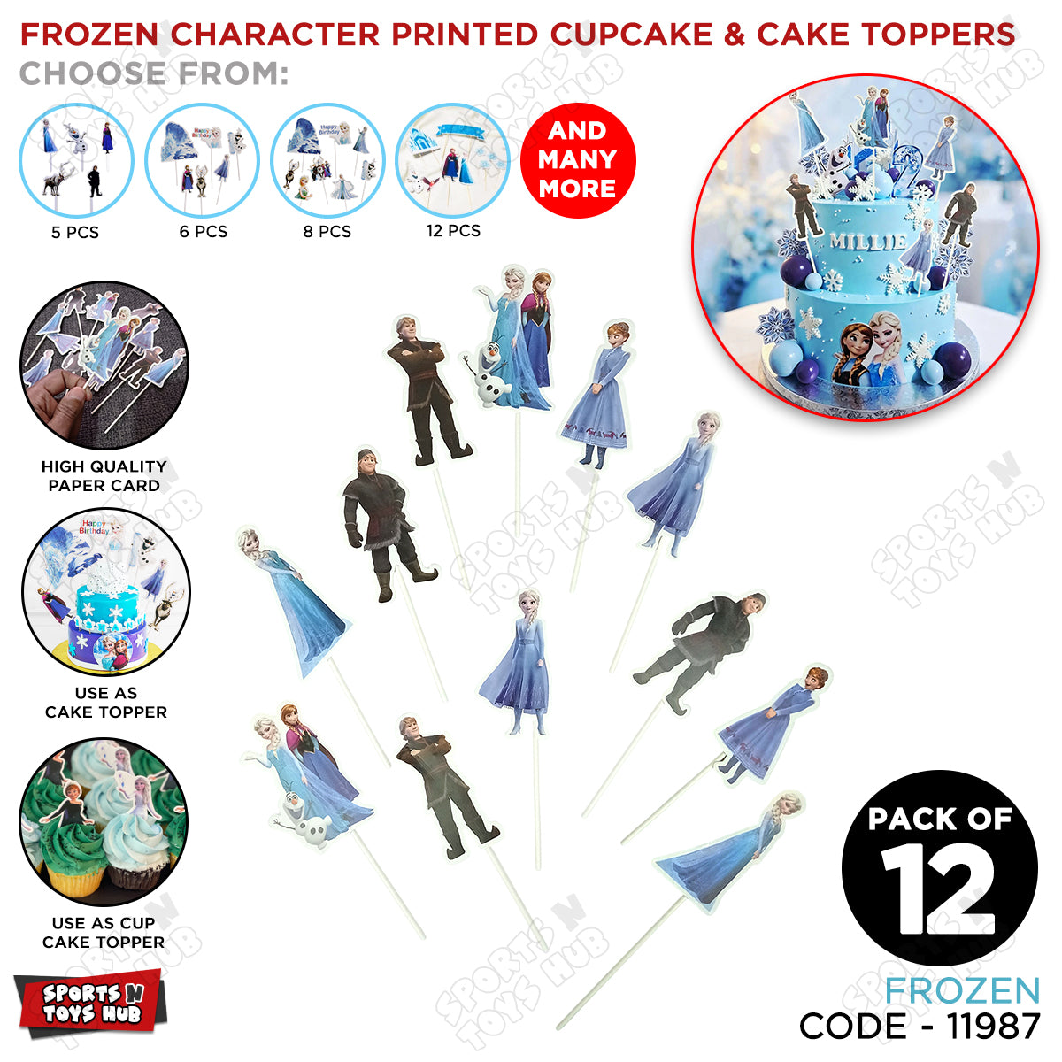 Cartoon Characters HBD Frozen Princess Cup Cake Topper - 12 Pcs
