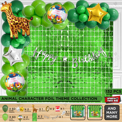 Giraffe Jungle Safari Foil Balloon With Happy Birthday Cursive Banner Arch Theme
