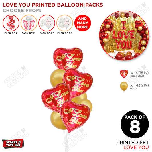 Printed Heart Foil Shape Balloon With Gold Latex Balloon Pack Of 8 Set