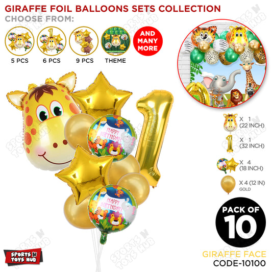Jungle Safari Giraffe Face Pack Of 10 Foil Balloon Set