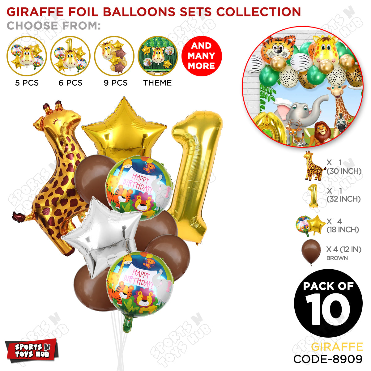 Jungle Safari Giraffe Pack Of 10 Foil Balloon Set
