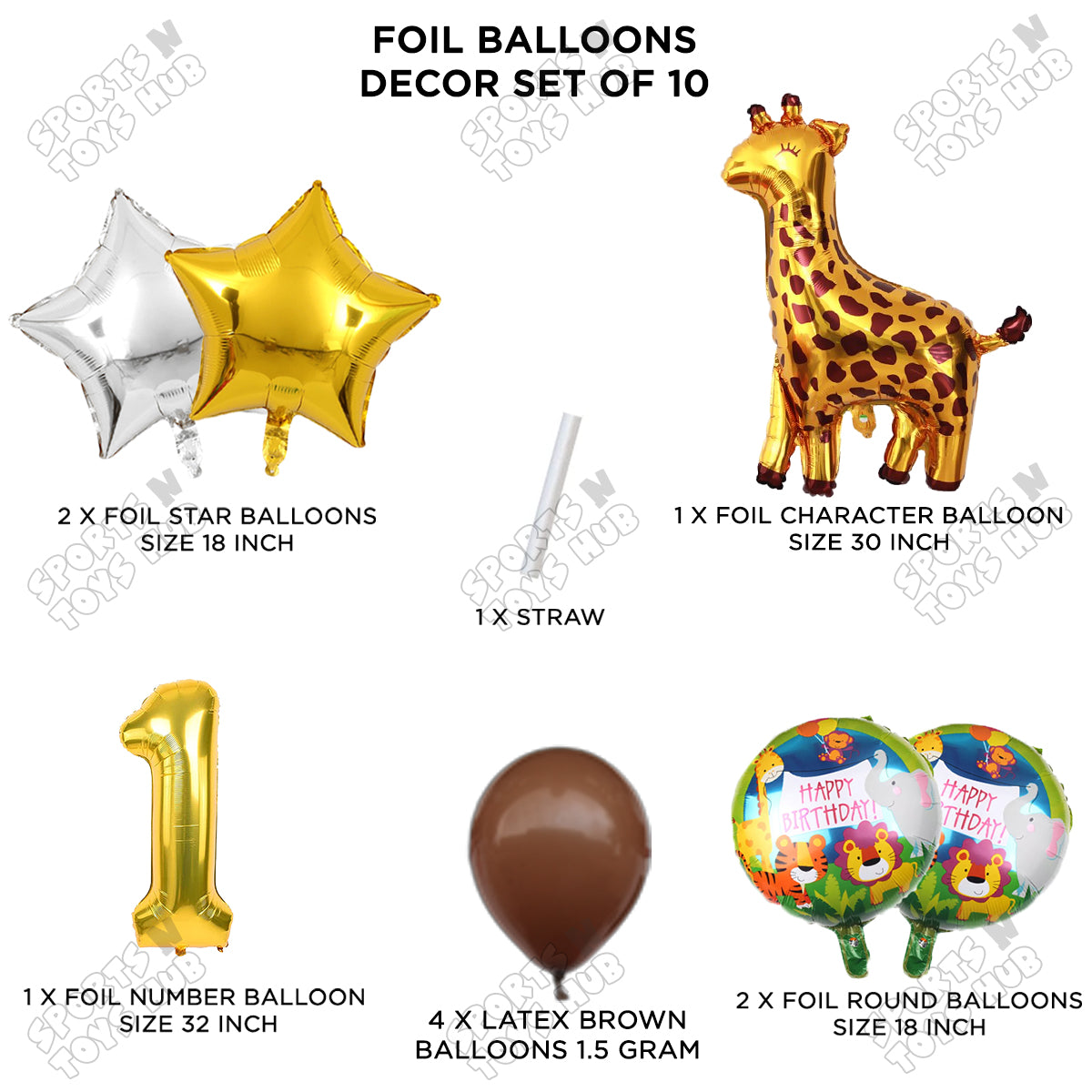 Jungle Safari Giraffe Pack Of 10 Foil Balloon Set