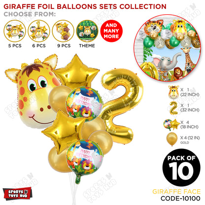 Jungle Safari Giraffe Face Pack Of 10 Foil Balloon Set