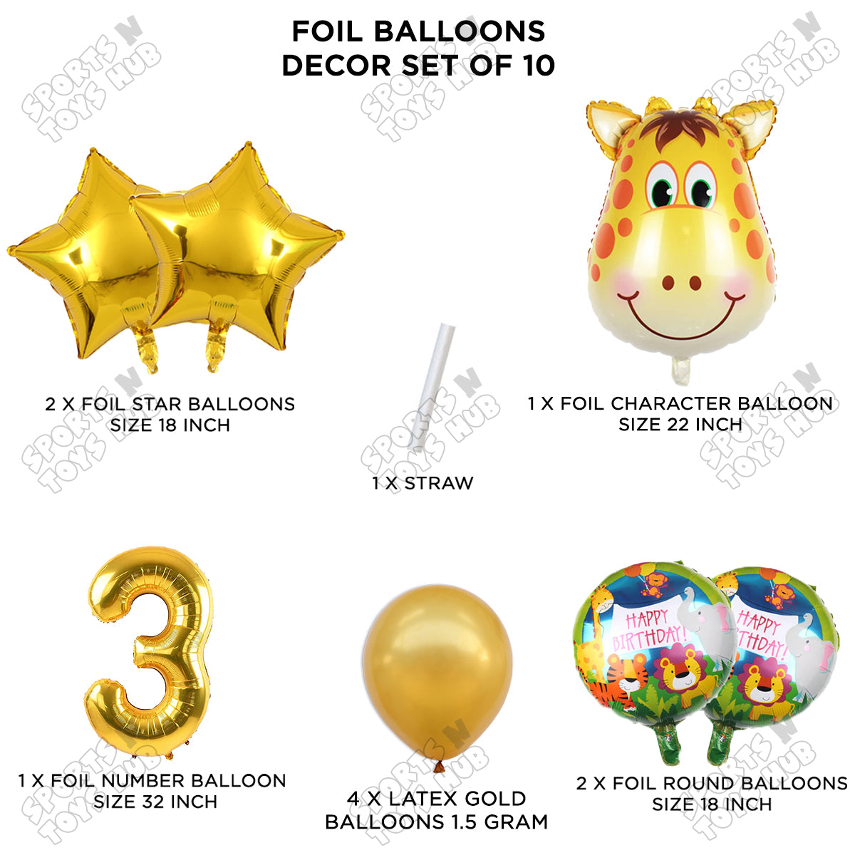 Jungle Safari Giraffe Face Pack Of 10 Foil Balloon Set