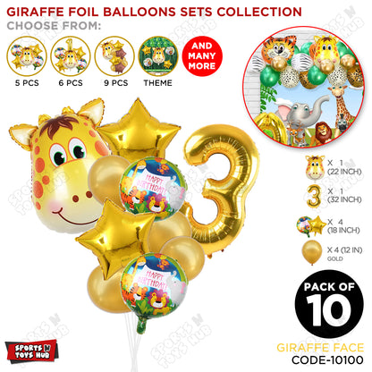 Jungle Safari Giraffe Face Pack Of 10 Foil Balloon Set