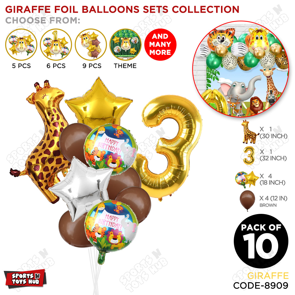 Jungle Safari Giraffe Pack Of 10 Foil Balloon Set