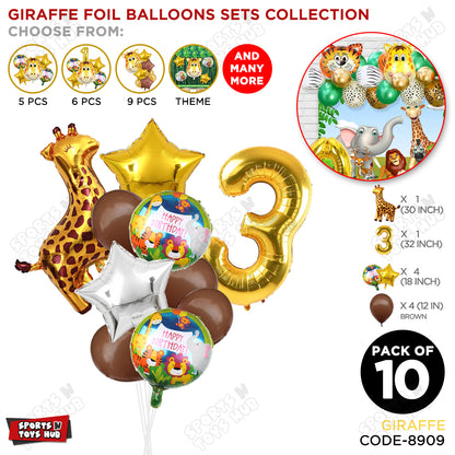 Jungle Safari Giraffe Pack Of 10 Foil Balloon Set