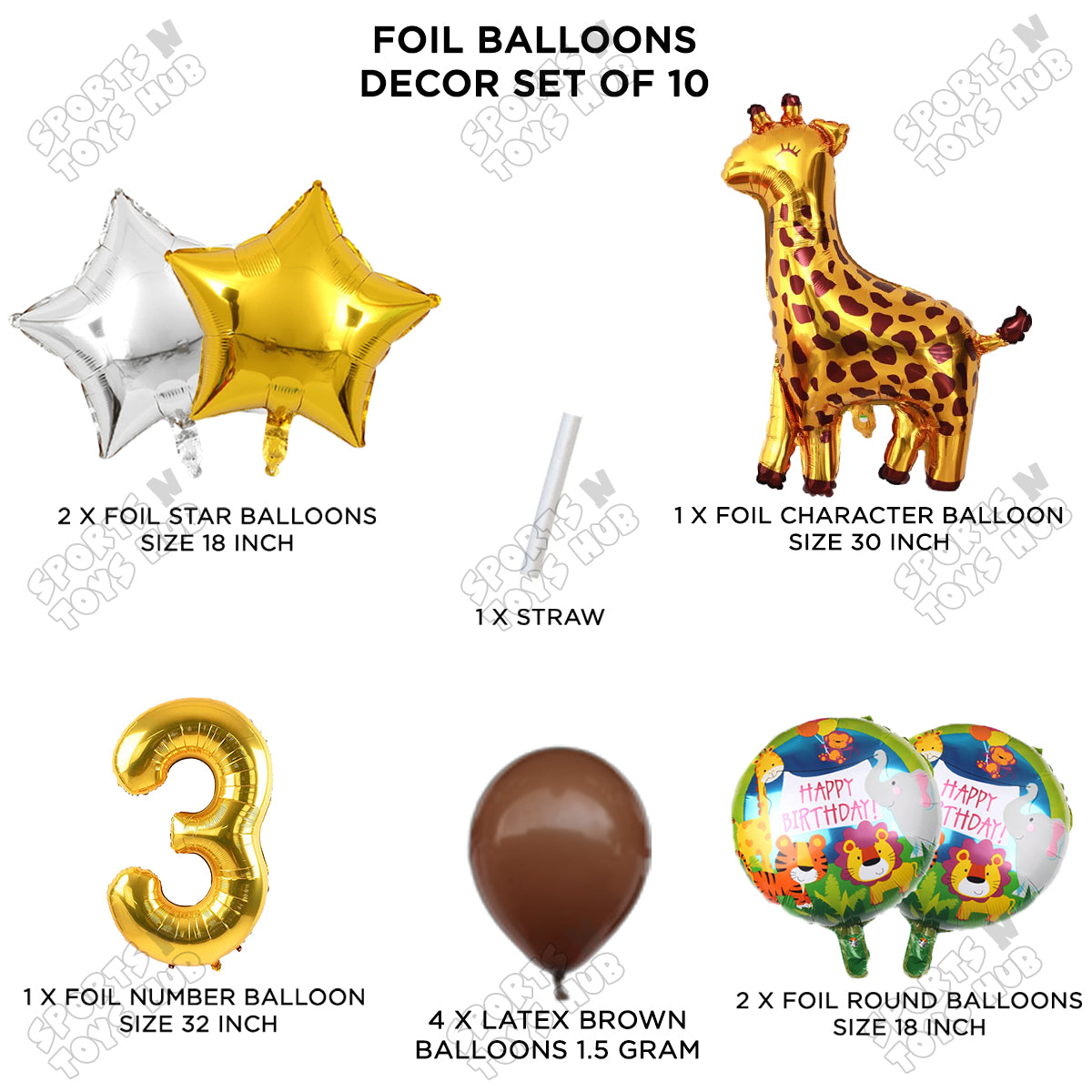 Jungle Safari Giraffe Pack Of 10 Foil Balloon Set
