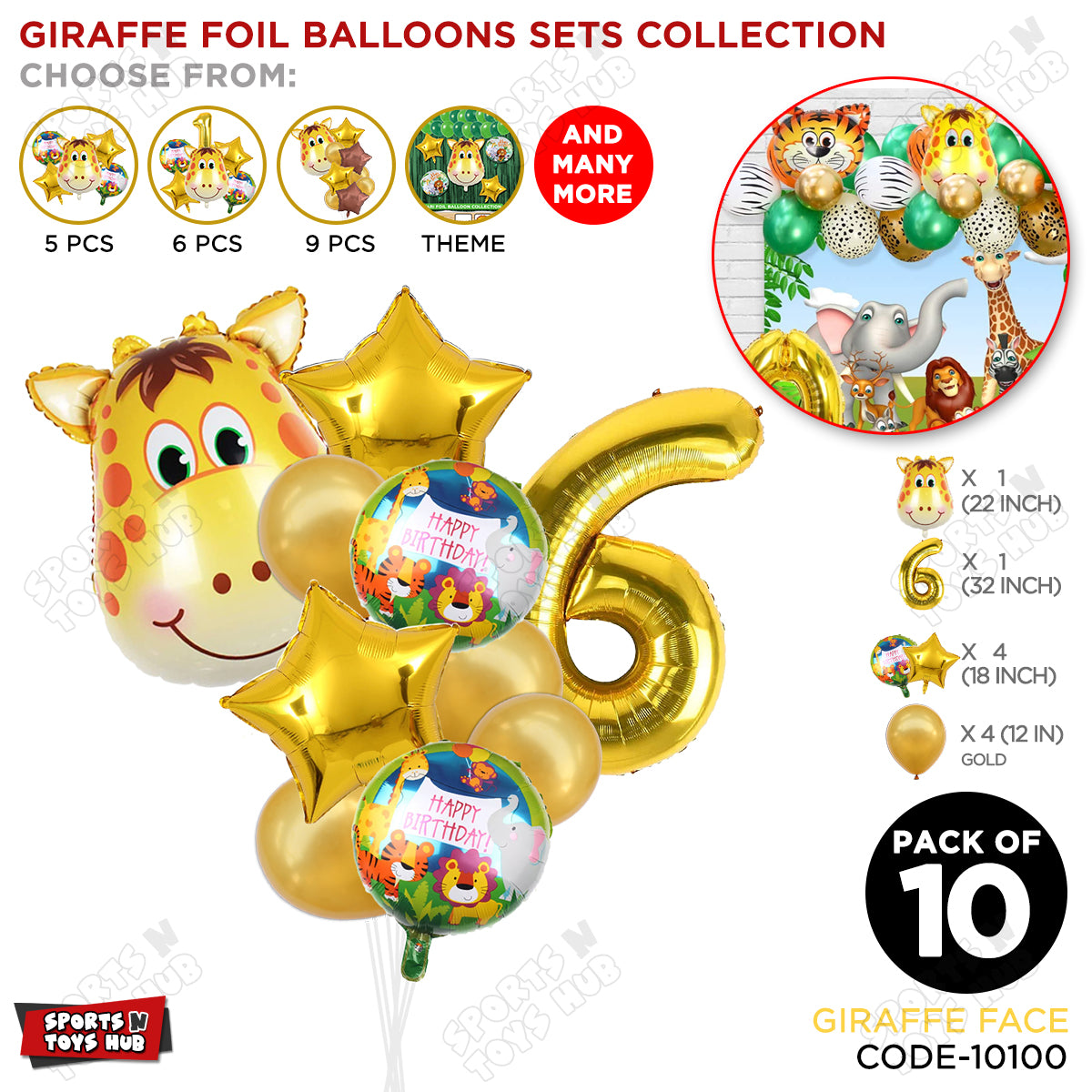 Jungle Safari Giraffe Face Pack Of 10 Foil Balloon Set