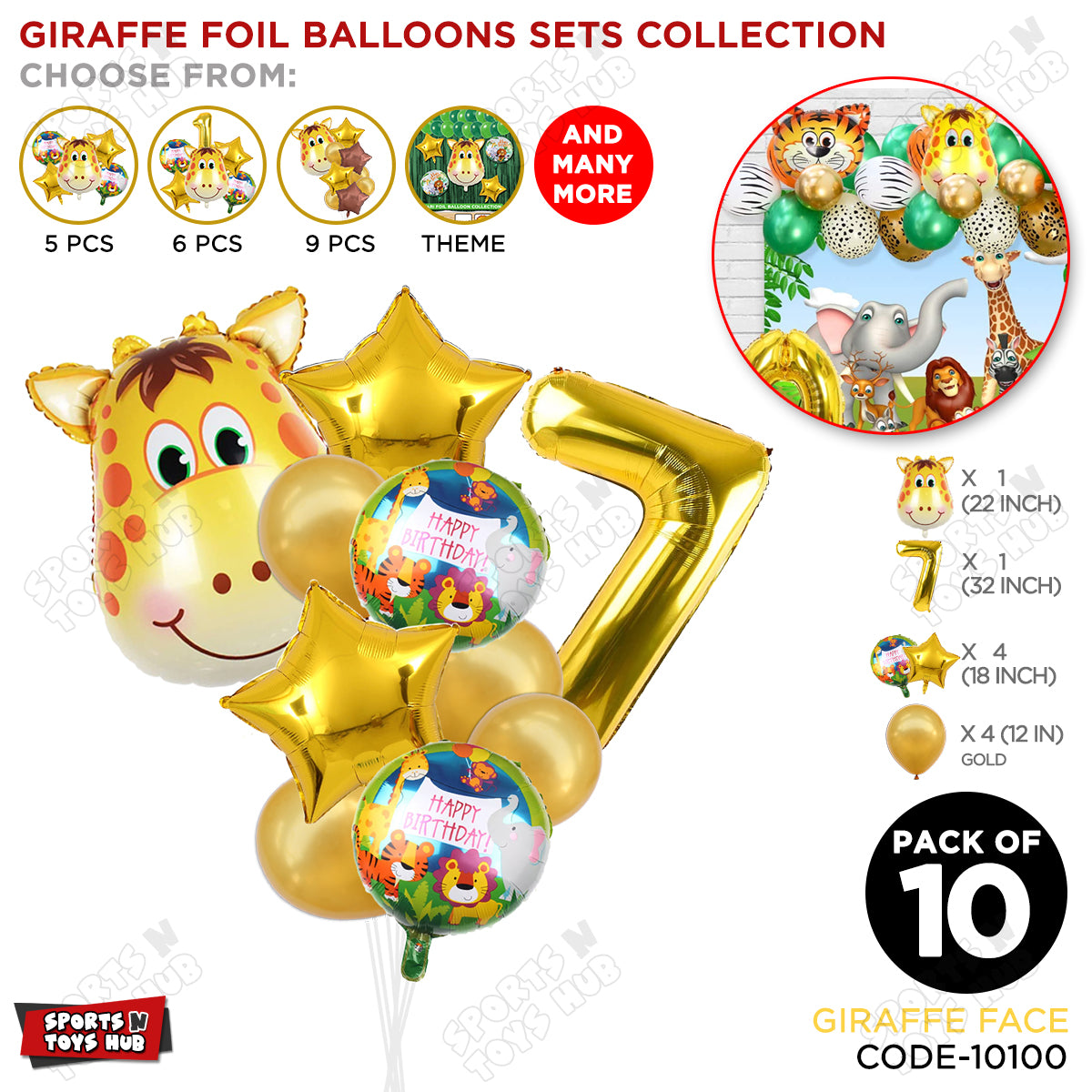 Jungle Safari Giraffe Face Pack Of 10 Foil Balloon Set