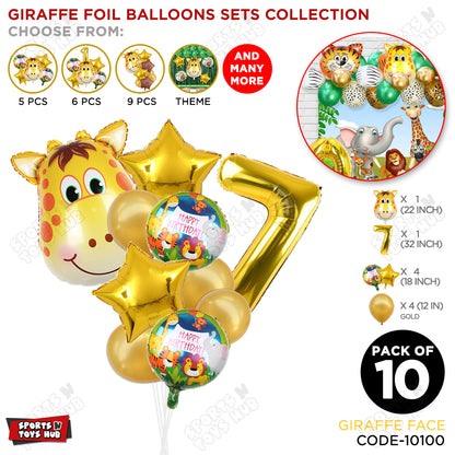 Jungle Safari Giraffe Face Pack Of 10 Foil Balloon Set