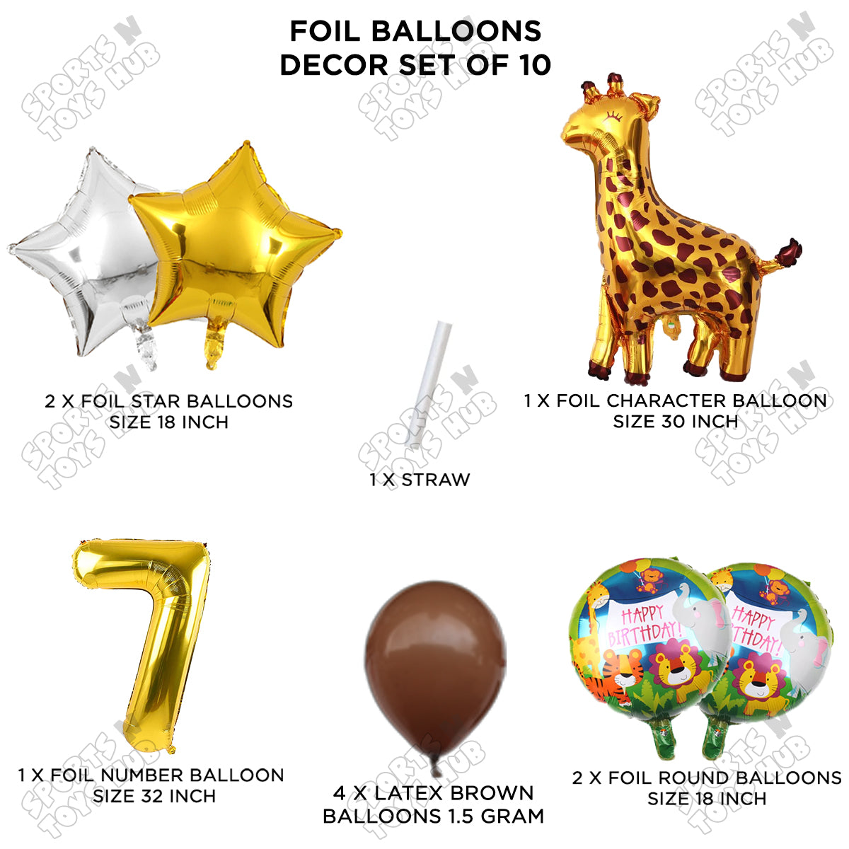 Jungle Safari Giraffe Pack Of 10 Foil Balloon Set