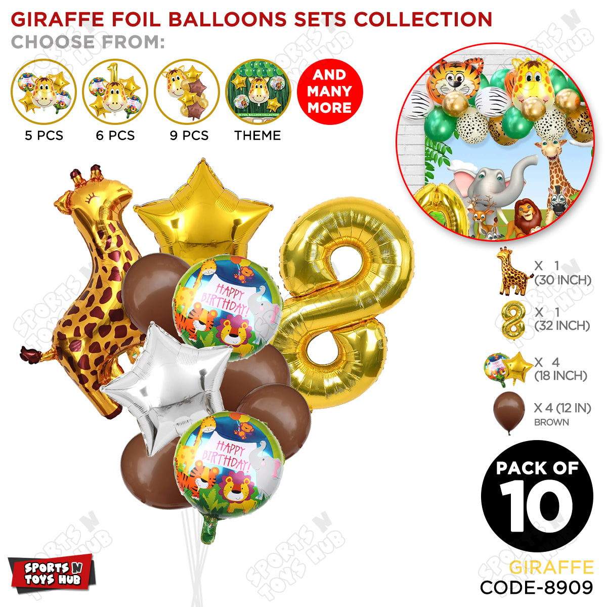 Jungle Safari Giraffe Pack Of 10 Foil Balloon Set
