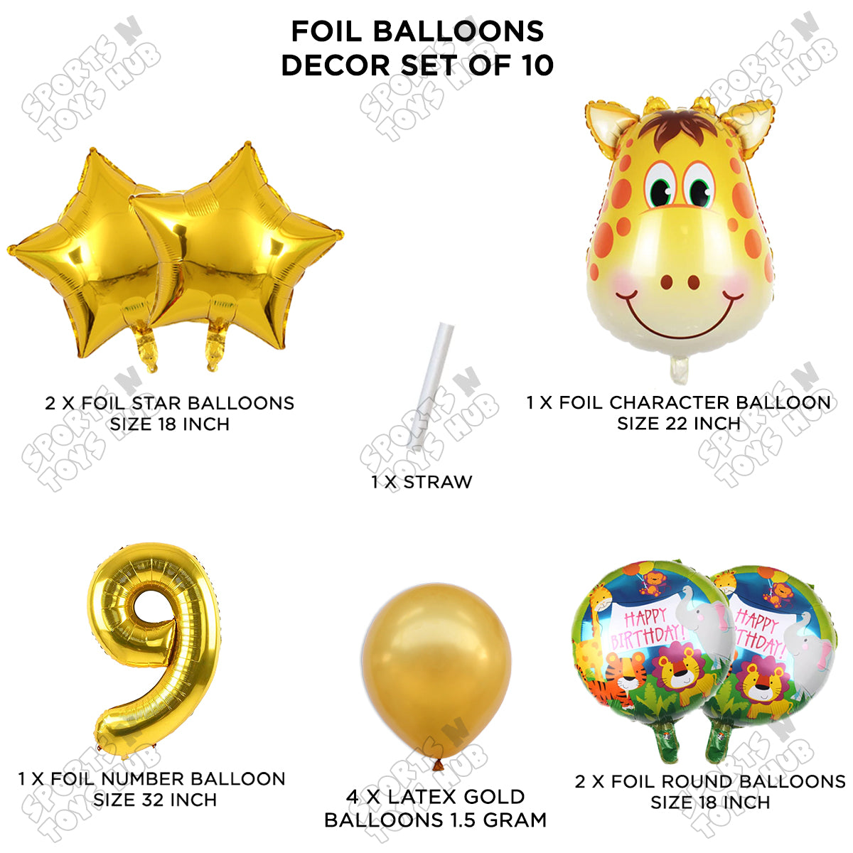 Jungle Safari Giraffe Face Pack Of 10 Foil Balloon Set