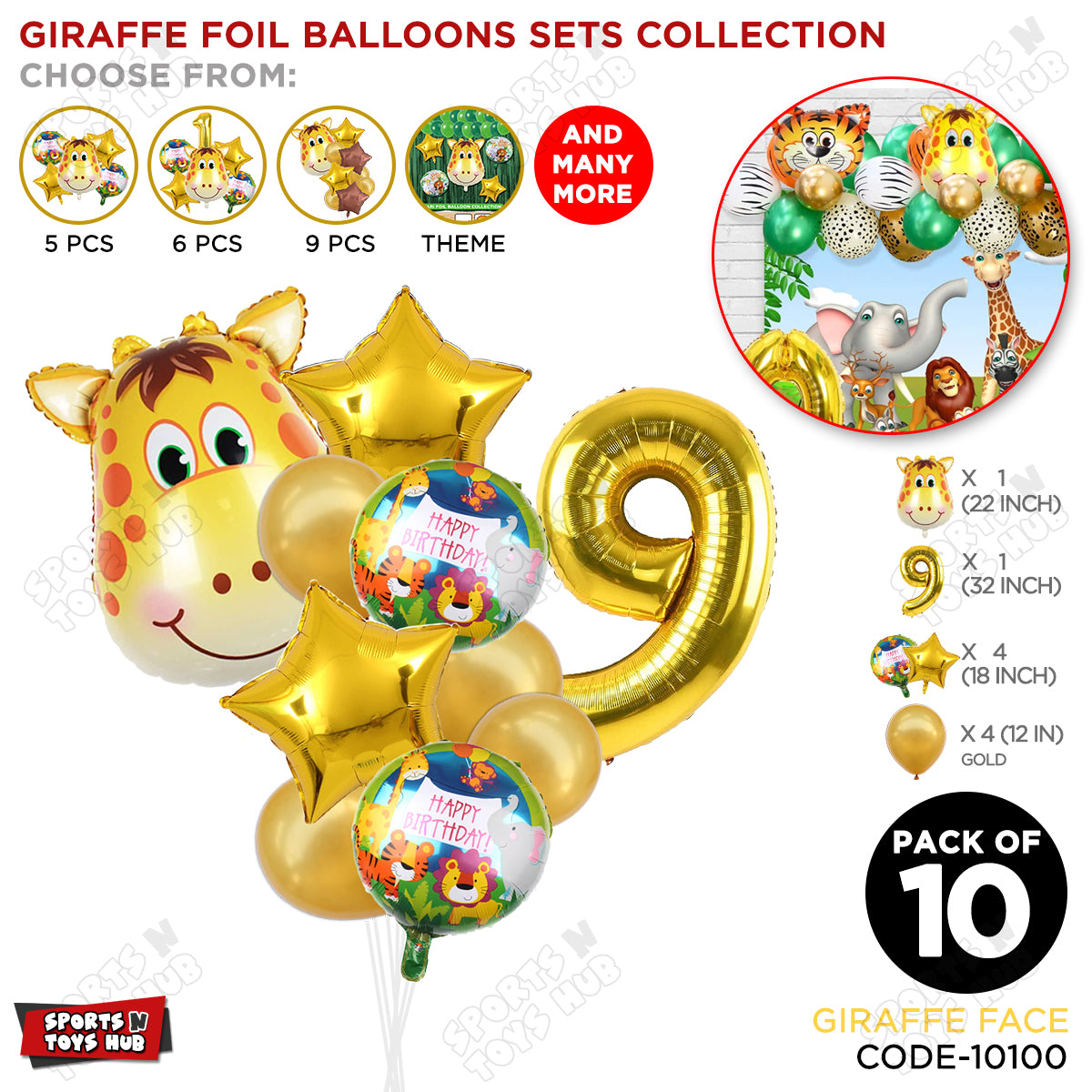 Jungle Safari Giraffe Face Pack Of 10 Foil Balloon Set