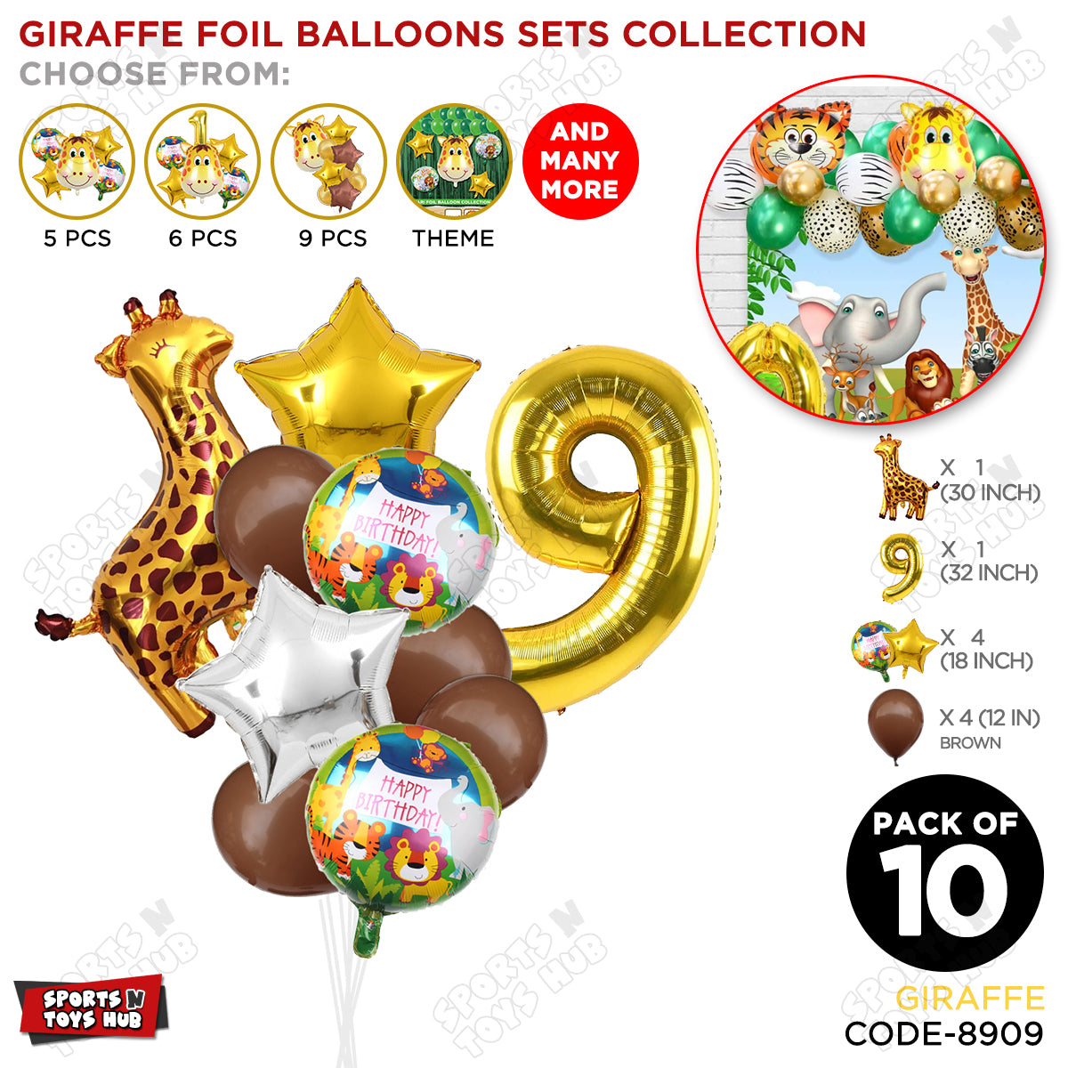 Jungle Safari Giraffe Pack Of 10 Foil Balloon Set