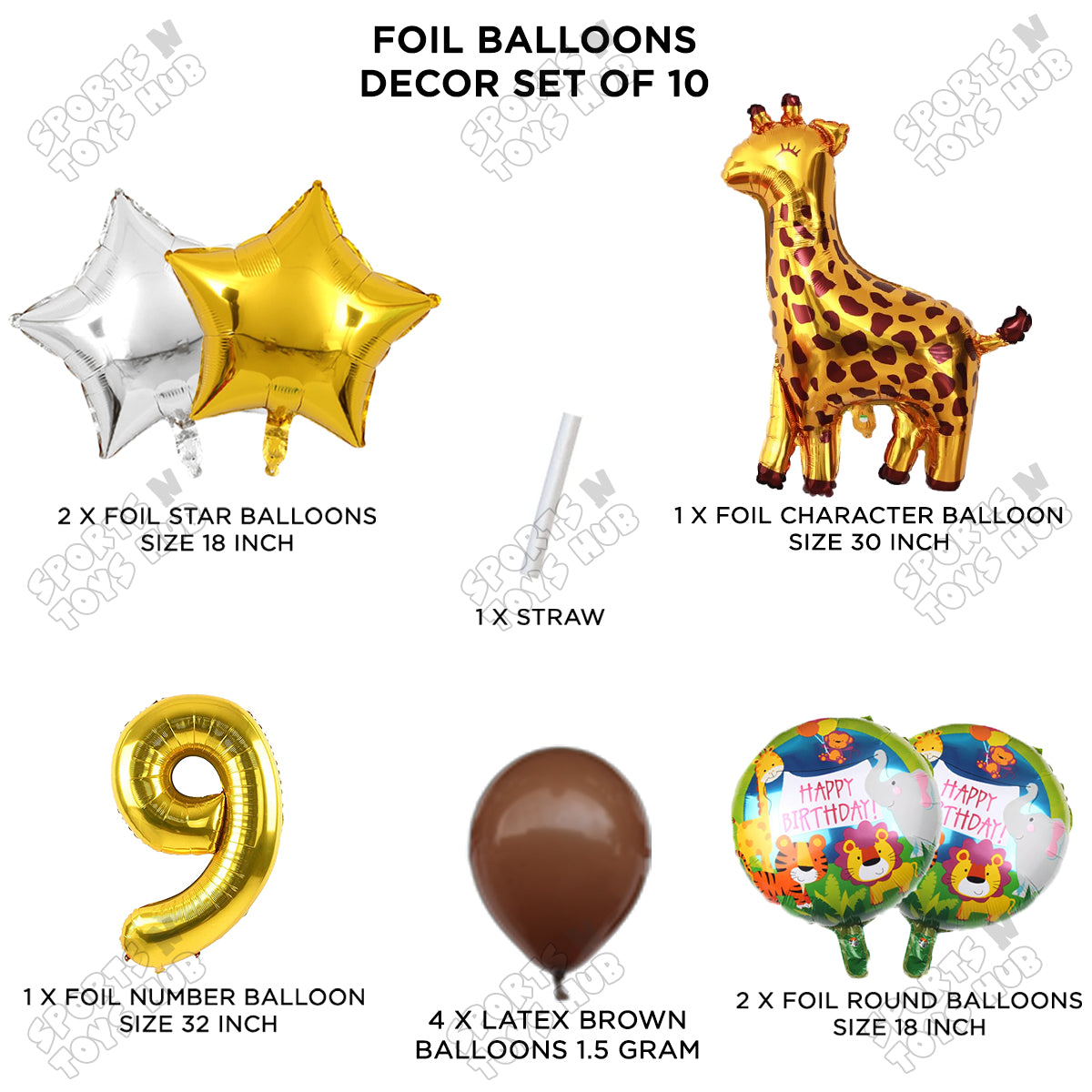 Jungle Safari Giraffe Pack Of 10 Foil Balloon Set