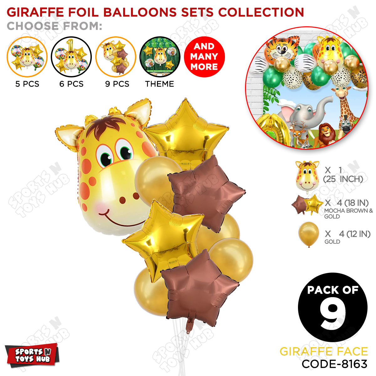 Giraffe Face Jungle Safari Pack Of 9 Foil Balloon Set