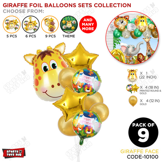 Jungle Safari Giraffe Face Pack Of 9 Foil Balloon Set