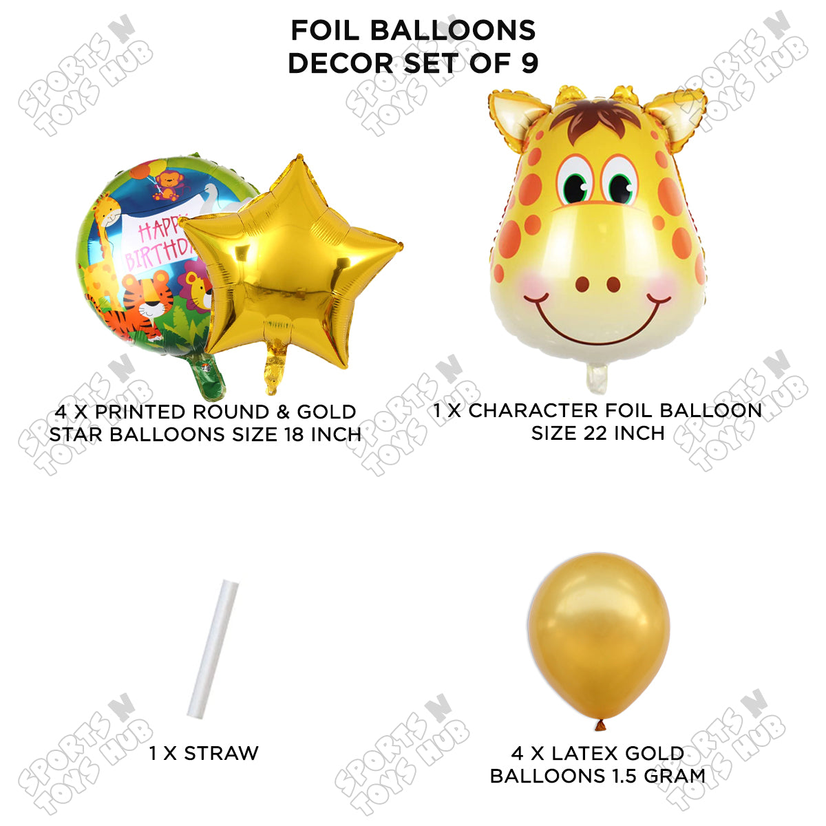 Jungle Safari Giraffe Face Pack Of 9 Foil Balloon Set