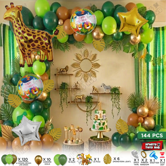 144 Pcs Premium Green, Brown & Chrome Gold Giraffe Theme with Balloon Arch Garland