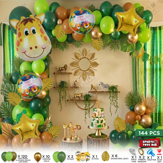 Jungle Safari Balloon Decoration Kit – 144 Pcs Green & Gold Giraffe Theme Birthday Party Set with Balloon Arch Garland