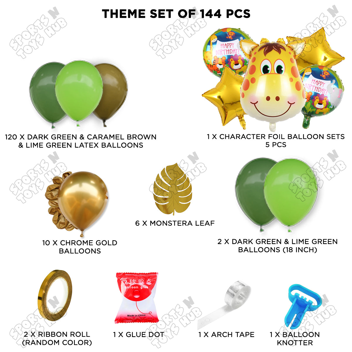 Jungle Safari Balloon Decoration Kit – 144 Pcs Green & Gold Giraffe Theme Birthday Party Set with Balloon Arch Garland