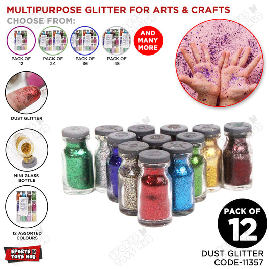 Multipurpose Dust Glitter Set, 12 Assorted Colors in Mini Glass Bottles, Slime & DIY Projects